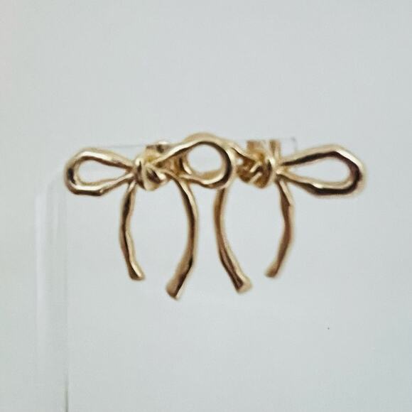 Bow Ribbon Earrings Gold Plated Copper Stud Drop Stainless Post New - Picture 3 of 5